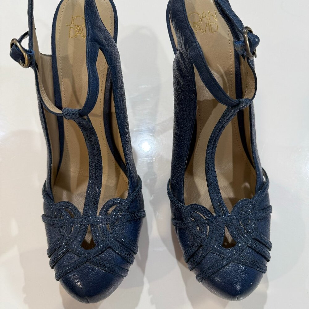 Joan & David Blue Dareith T-Strap Leather Heels Shoes